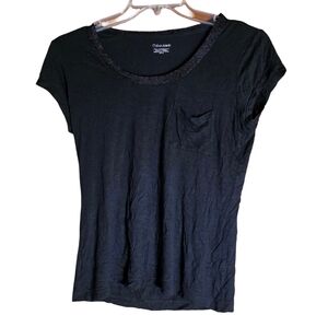 Calvin Klein Black Rayon Tee Medium Beaded Scoop Neck Pocket Top